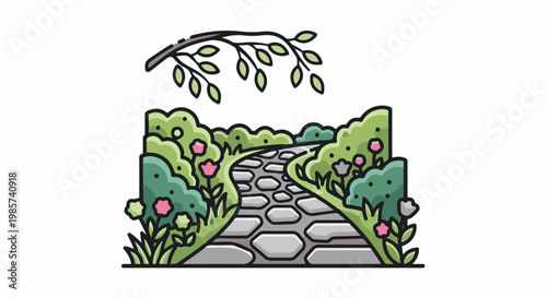 A winding stone path curves through a garden with lush green bushes and pink flowers