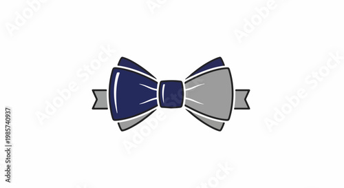 A stylized blue and grey bow tie with attached grey ribbon ends