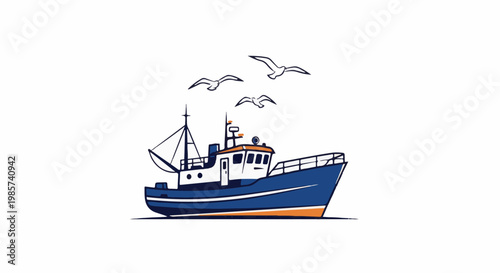 A stylized blue and orange fishing boat sails with three seagulls flying above