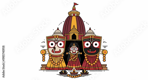 A stylized depiction of religious deities and a temple