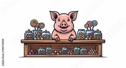 A smiling pig behind a counter filled with colorful candies and lollipops