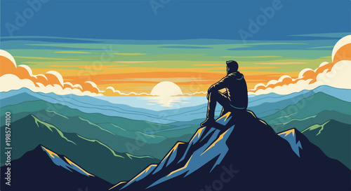 A solitary figure contemplates a vibrant sunset from a mountain peak