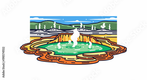 A vibrant, stylized illustration of a steaming hot spring with layered earth formations