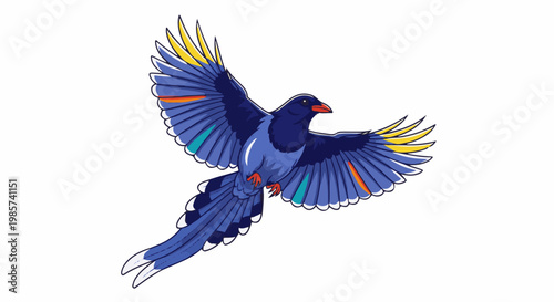 A stylized blue bird with vibrant orange, teal, and yellow accents in flight
