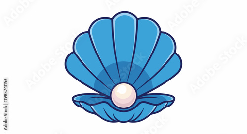 A stylized blue seashell opens to reveal a luminous white pearl inside