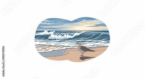 A solitary seagull stands on a sandy shore as waves crash under a pastel sky