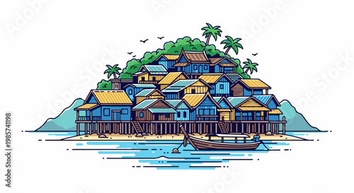 A vibrant, stylized illustration of a tropical island village with stilt houses