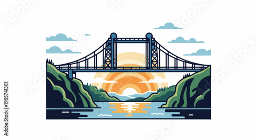 A suspension bridge spans across a serene river at sunset, with vibrant orange hues illuminating the sky