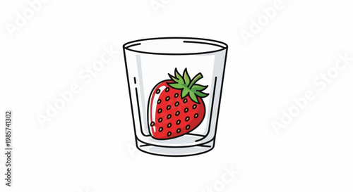 A single red strawberry with green leaves sits inside a clear glass