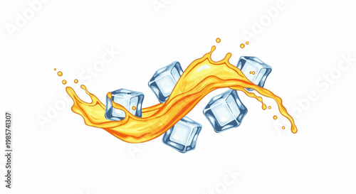 A vibrant yellow liquid splash with clear ice cubes against a white background