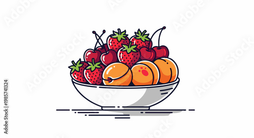 A stylized bowl overflowing with fresh strawberries, cherries, and apricots