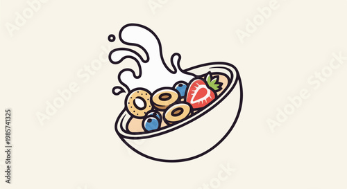 A splash of milk erupts from a bowl of cereal with berries and fruit