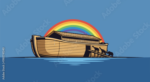 A wooden ark with a rainbow above and animals boarding in silhouette