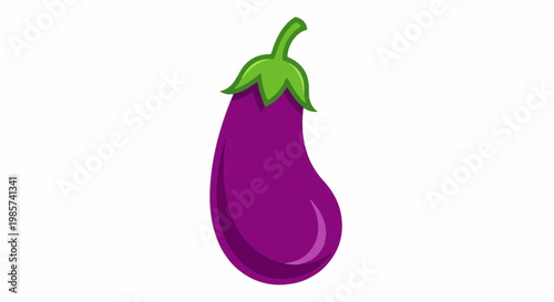 A single purple eggplant with a green stem and leaves against a white background