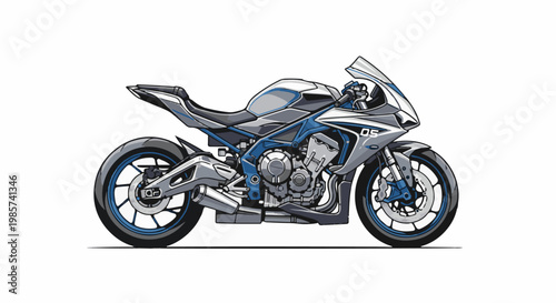 A sporty motorcycle in gray and blue, detailed pixel art, side view