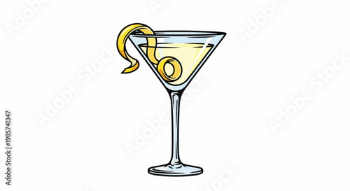 A single martini glass filled with pale yellow liquid and a lemon twist