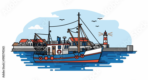 A stylized illustration of a fishing boat docked in a harbor with a lighthouse