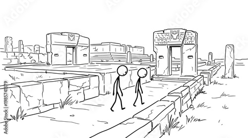 Stick Figures Exploring Ancient Ruins