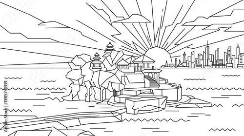 Minimalist Sunrise Over Coastal City and Temple