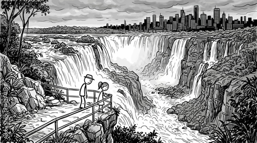 Couple Admiring Niagara Falls in Black and White
