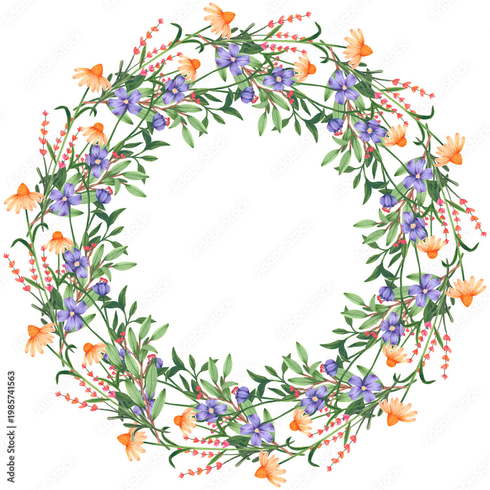 Fototapeta premium Watercolor wreath of summer flowers