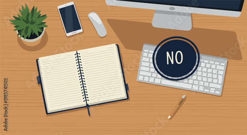 A top-down view of a desk with a computer, keyboard, and notebook