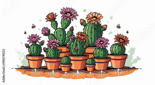A whimsical collection of potted cacti in full bloom with tiny bees flitting around