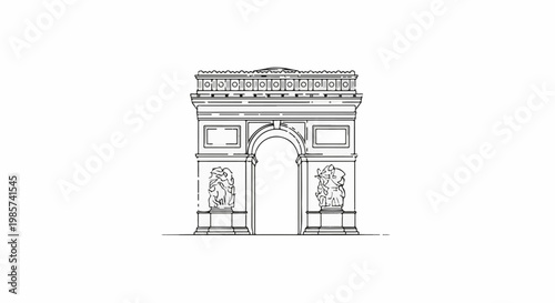 A simplified line drawing of a large, ornate arch with sculptures