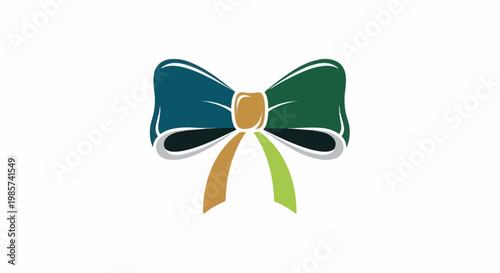A stylized bow with dark blue, green, tan, and lime green ribbons