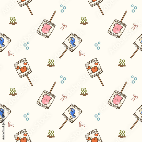 Lollipop sea animal cartoon so cute. On squid fish crab seaweed bow bubbles background. Pattern seamless vector illustration.