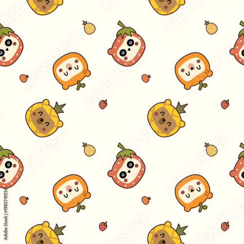 Animal headscarf fruit cartoon so cute. On bear panda polar bear orange strawberry pineapple background. Pattern seamless vector illustration. 