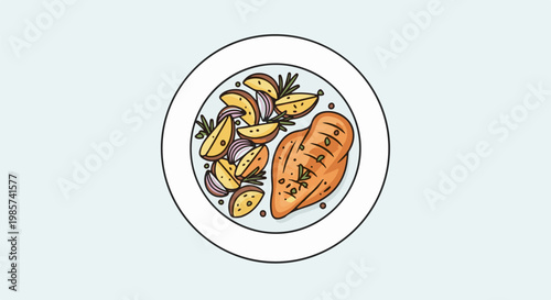 A top-down view of a healthy meal on a white plate, featuring grilled chicken and roasted potato wedges with onions and rosemary