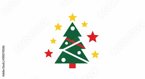 A simplified cartoon Christmas tree with red and yellow stars on a white background