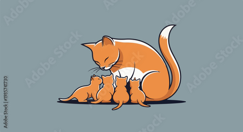A warm illustration of an orange cat family, mother and kittens, snuggled together