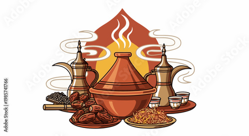A warm spread of dates, coffee, and a steaming tagine pot