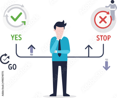 Professional contemplating an important business choice, deciding whether to move forward or halt action to avoid potential risks.