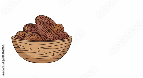 A wooden bowl filled with brown, wrinkled dates, depicted in a simple illustration