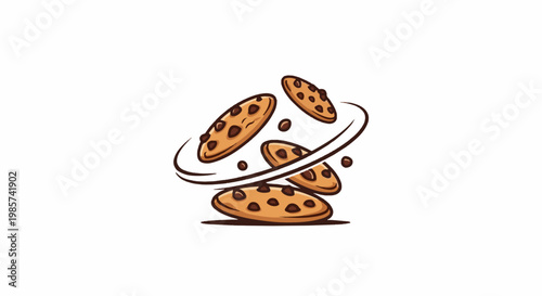 A whimsical cartoon illustration of chocolate chip cookies in mid-air, appearing to spin