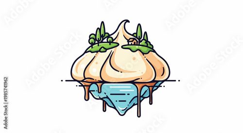 A stylized bulbous vegetable shaped island with trees and a small house