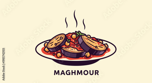 A stylized dish of eggplant, chickpeas, and tomato sauce, steaming