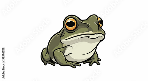 A stylized cartoon frog with large, bright orange eyes and green skin sits
