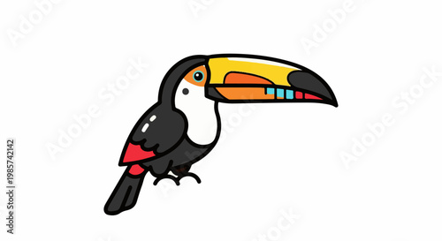 A stylized cartoon toucan with a large, colorful beak sits facing left