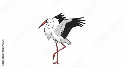 A stylized cartoon stork with white body, black wings and red beak and legs