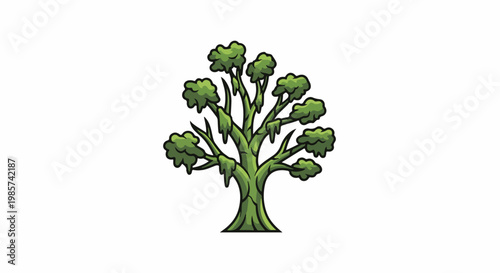 A stylized, cartoonish green tree with a thick trunk and spreading branches