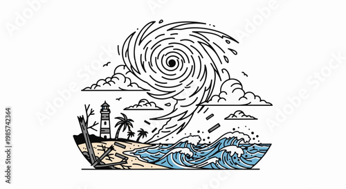 A swirling storm approaches a sandy shore with a lighthouse and palm trees