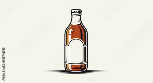 A stylized amber liquid fills a glass bottle with a blank white label