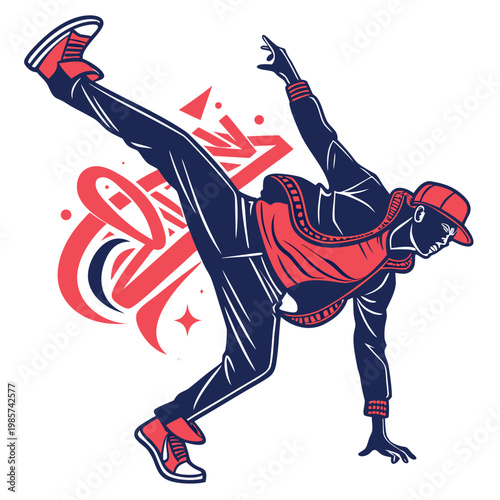 Bboy performing freeze move with graffiti style.