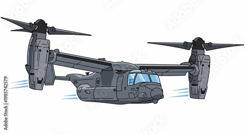 A stylized, animated gray tiltrotor aircraft with blue exhaust trails