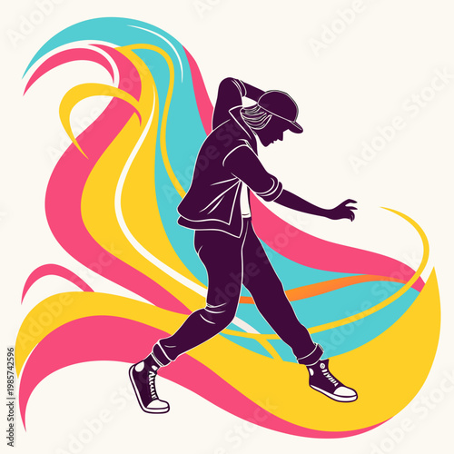 Hip hop dancer with colorful flowing abstract background.