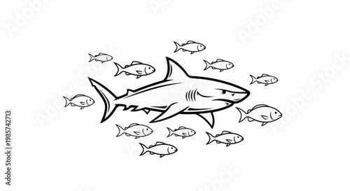 A stylized black and white drawing of a shark pursuing a school of smaller fish